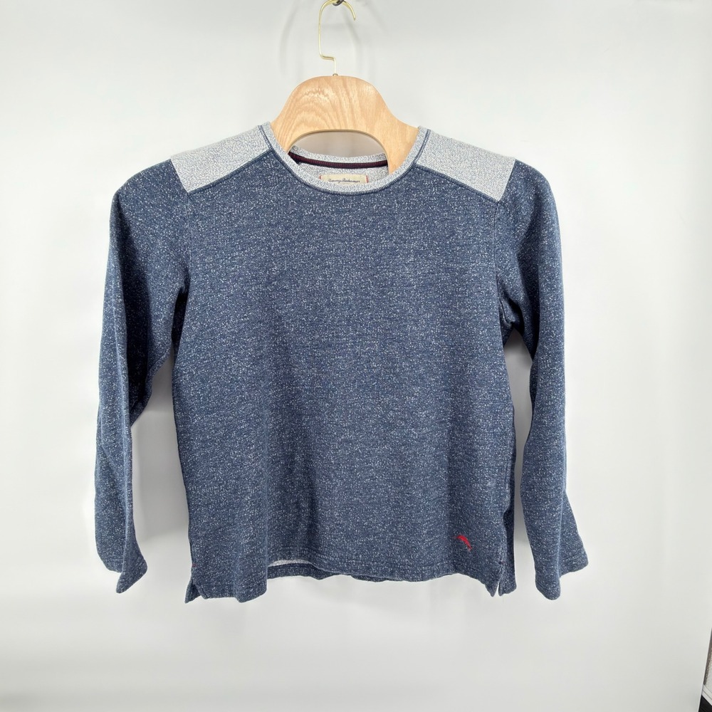 Tommy Bahama Shirt Mens XL Blue Long Sleeve Contrast Shoulder Marl Knit Logo